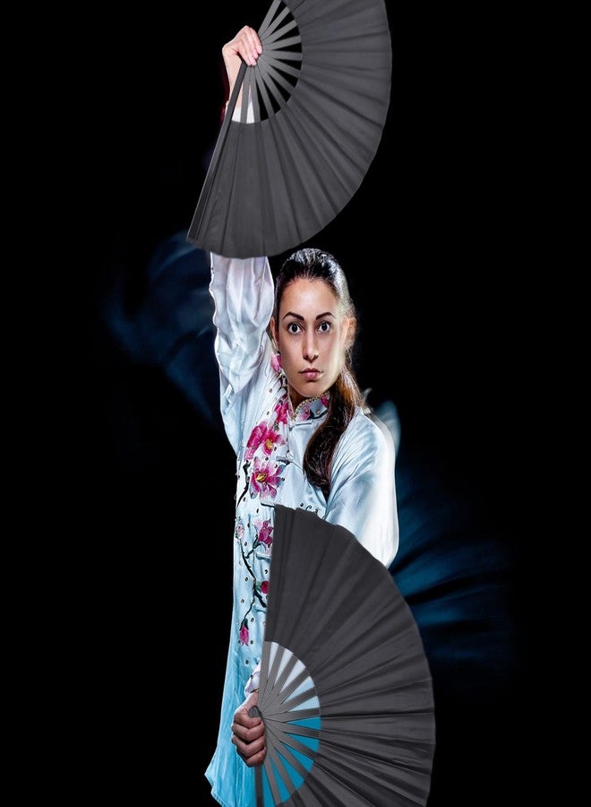 Quacc Large Folding Hand Held Fan Sturdy 13 Inches Nylon-Cloth Vintage Retro Fabric Big Rave Clack Fan for Line Dancing Chinese Kung Fu Festival Craft Dance Decoration Party Favors (Black) - Image 5